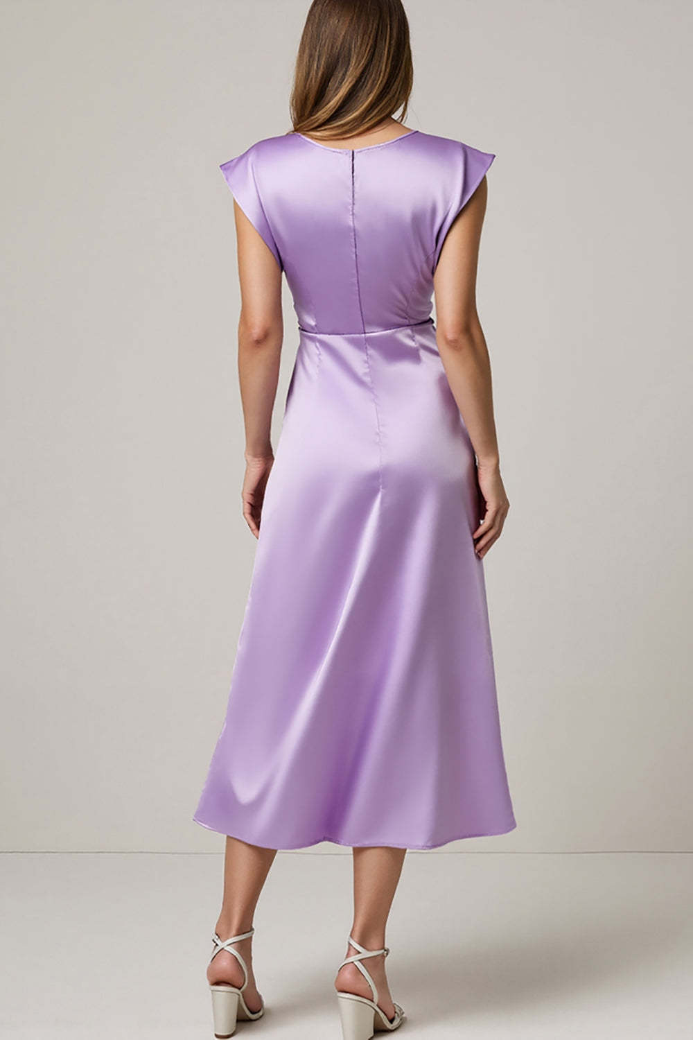Purple Satin Round Neck Ruched A Line Maxi Wedding Guest Dress