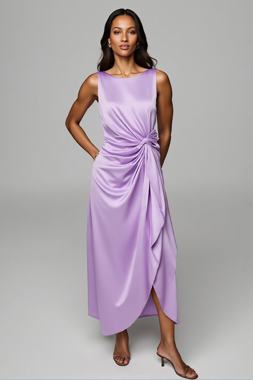 Purple Scoop Satin Sheath Maxi Wedding Guest Dress with Ruffles