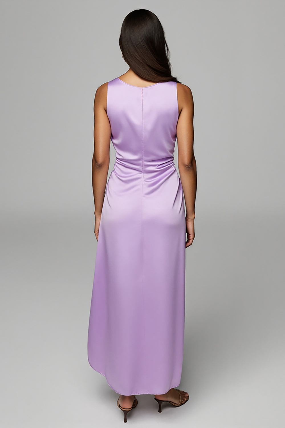 Purple Scoop Satin Sheath Maxi Wedding Guest Dress with Ruffles