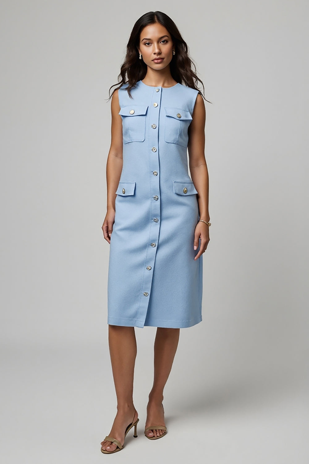 Leely Women Blue Midi Work Dress with Buttons Boat Neck Pencil Business Dress with Pockets