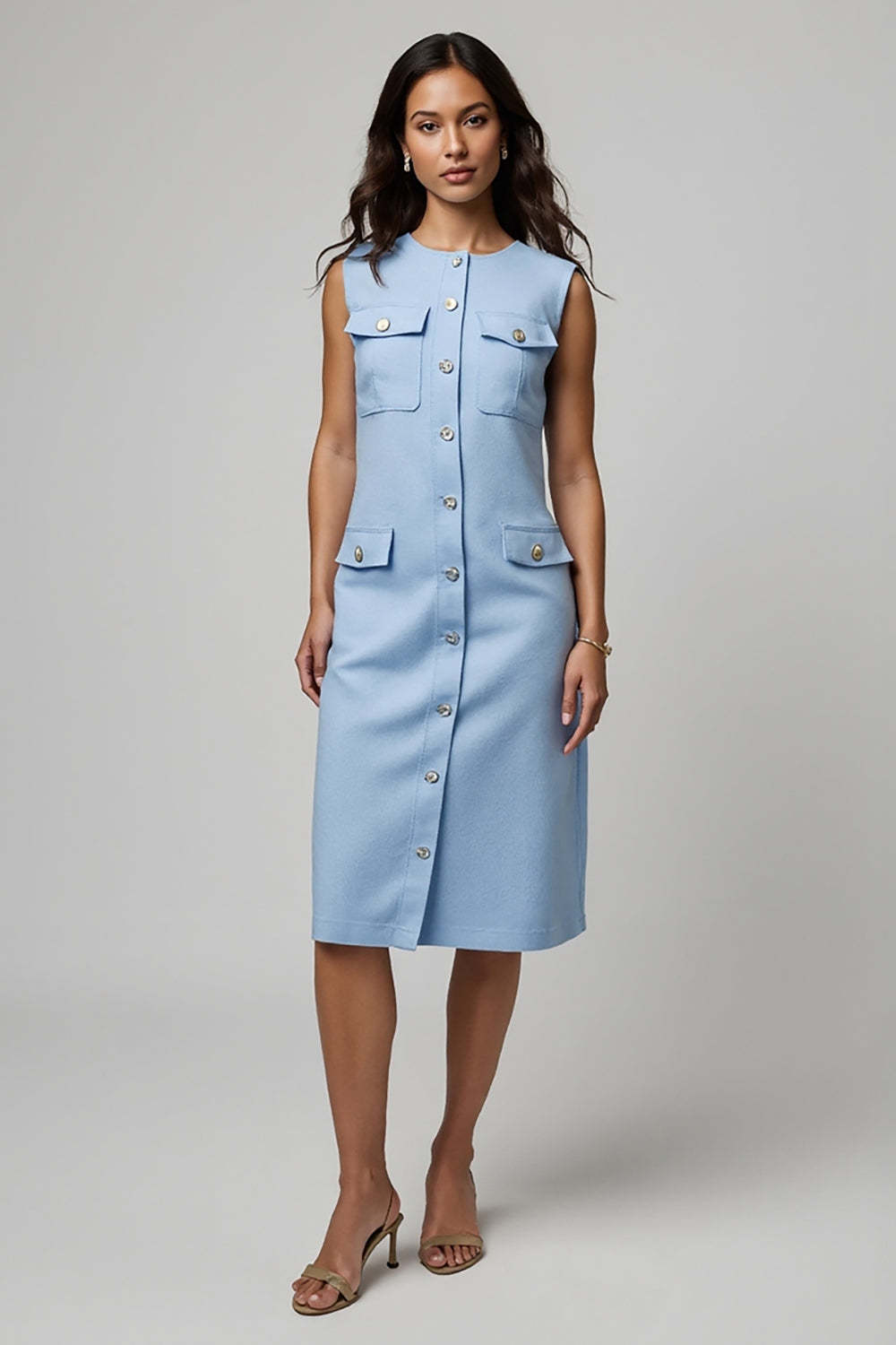 Leely Women Blue Midi Work Dress with Buttons Boat Neck Pencil Business Dress with Pockets