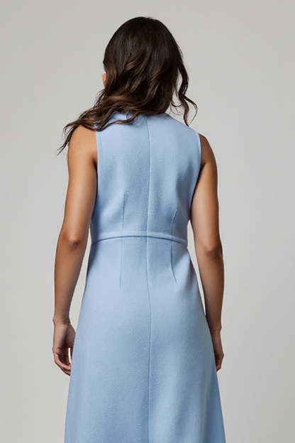 Blue Boat Neck Midi Pencil Work Dress with Buttons
