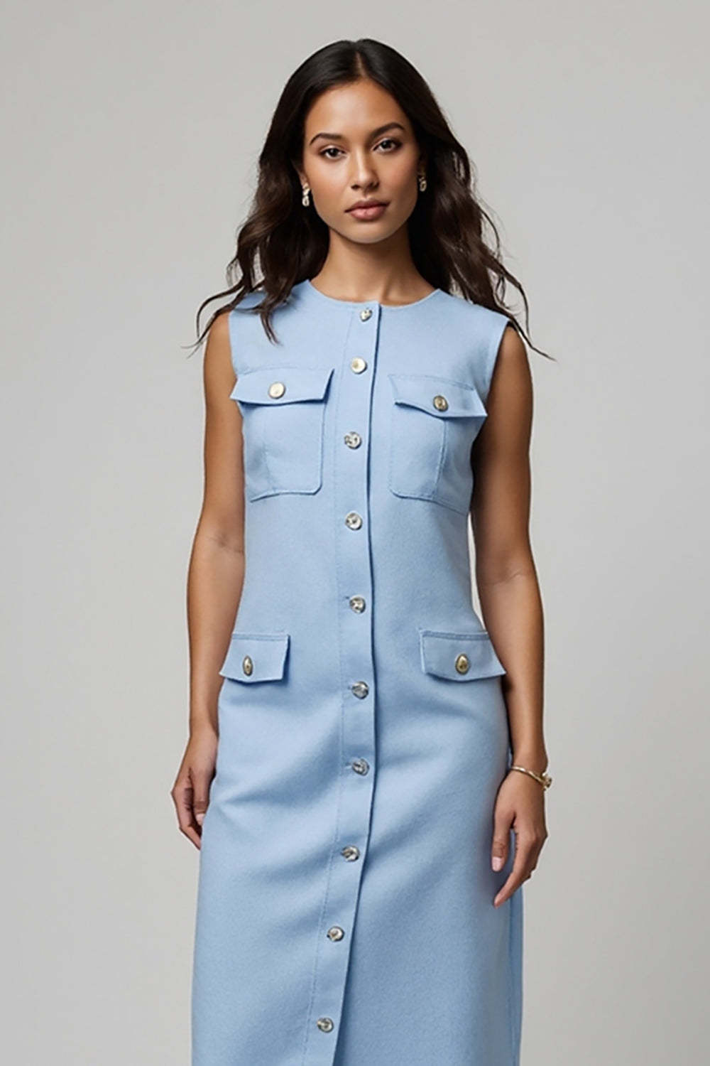 Blue Boat Neck Midi Pencil Work Dress with Buttons