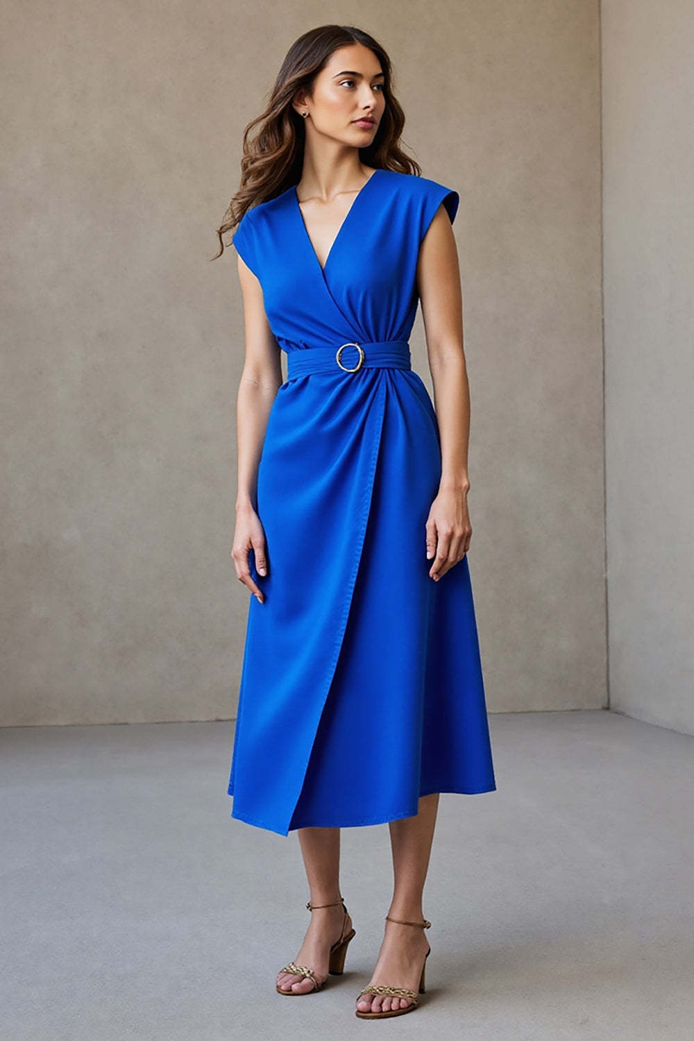 Leely Women Royal Blue Midi A Line Work Dress with Belt Cap Sleeves V-Neck Business Dress