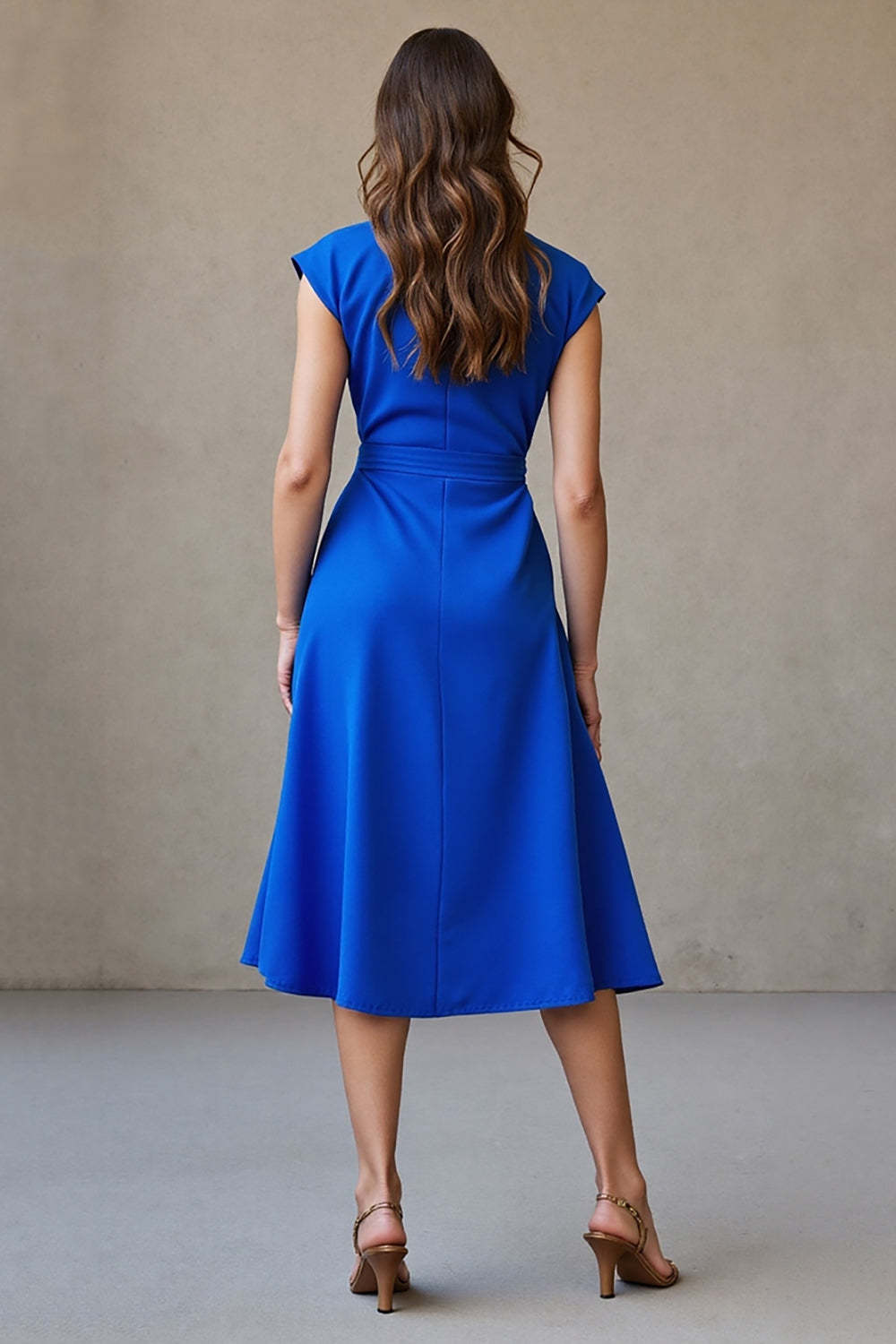 Royal Blue Midi Cap Sleeves V-Neck Work Dress with Belt
