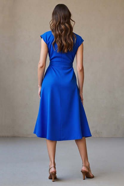Royal Blue Midi Cap Sleeves V-Neck Work Dress with Belt