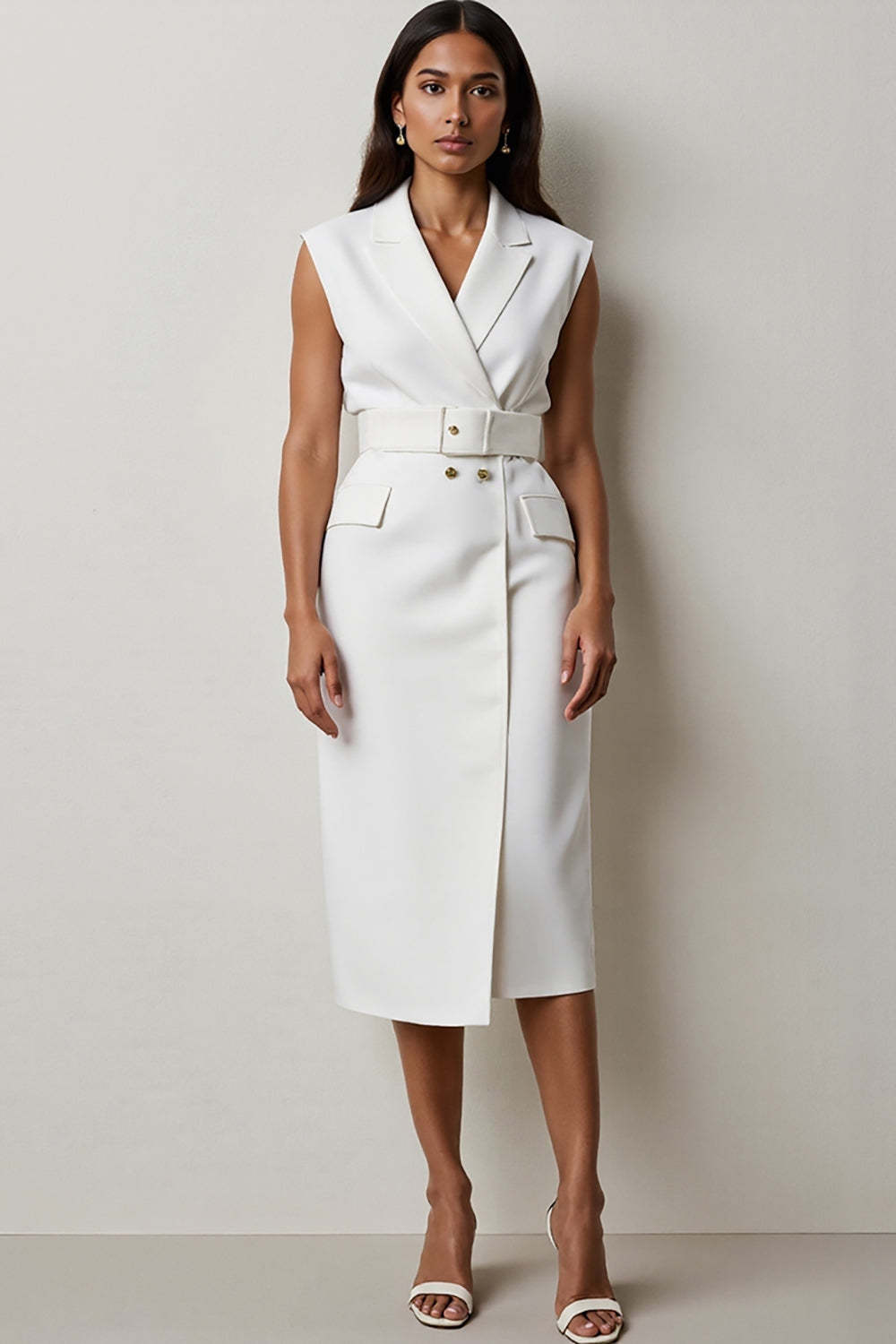 Leely Women White Notched Lapel Blazer Dress with Belt Midi Sleeveless Pencil Work Dress