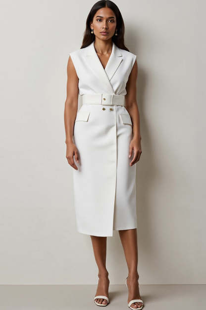 Leely Women White Notched Lapel Blazer Dress with Belt Midi Sleeveless Pencil Work Dress