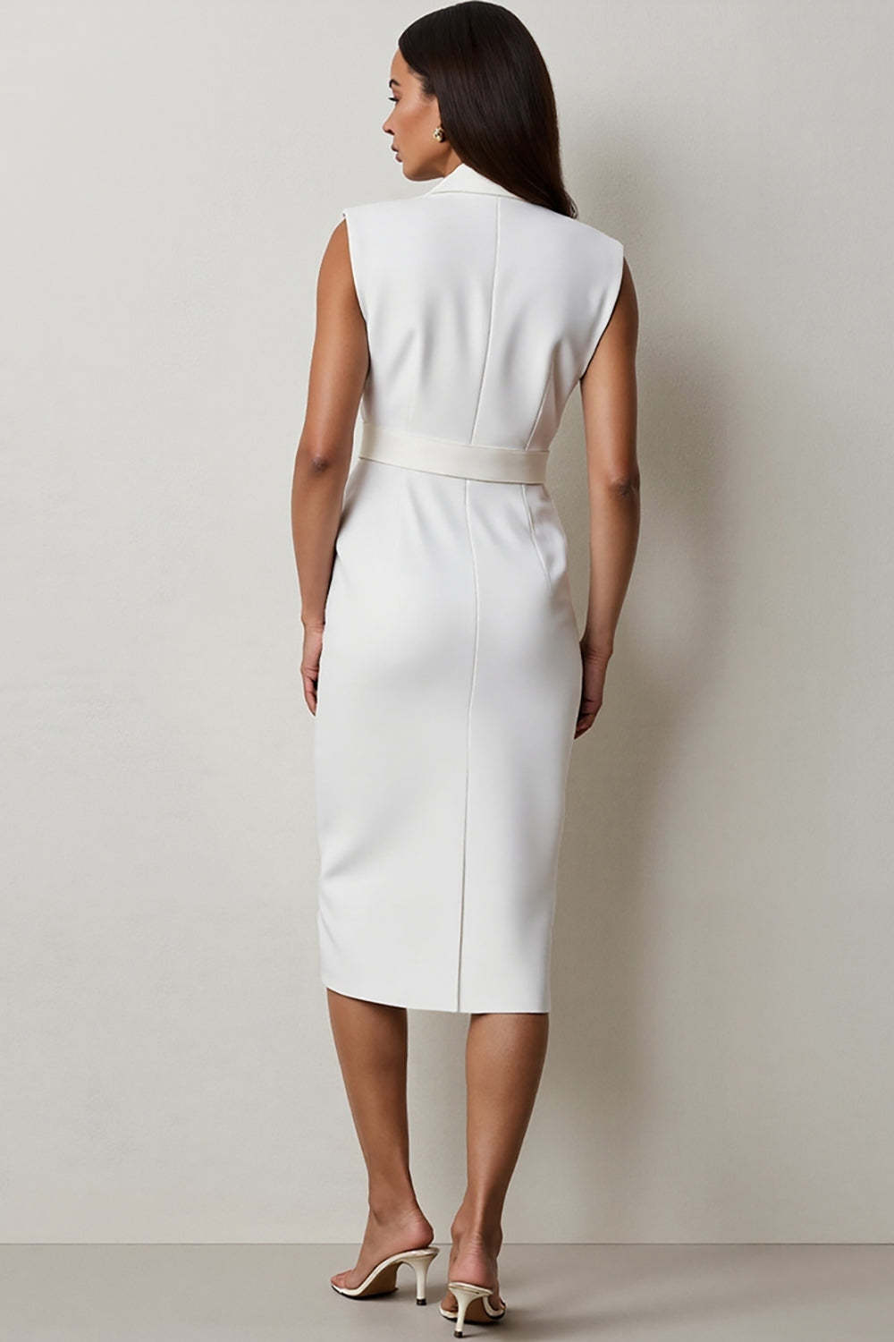 Midi White Notched Lapel Pencil Blazer Dress with Belt