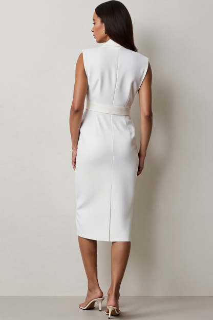 Midi White Notched Lapel Pencil Blazer Dress with Belt