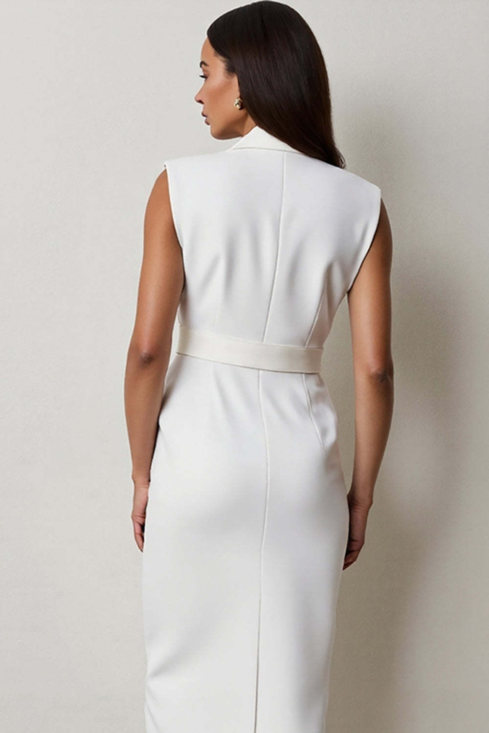 Midi White Notched Lapel Pencil Blazer Dress with Belt