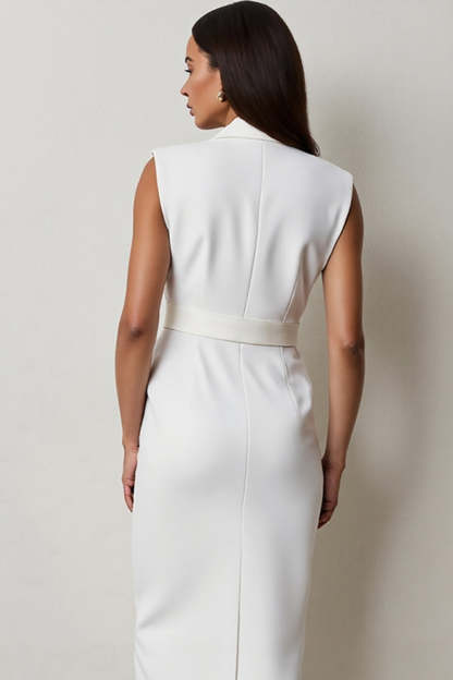 Midi White Notched Lapel Pencil Blazer Dress with Belt