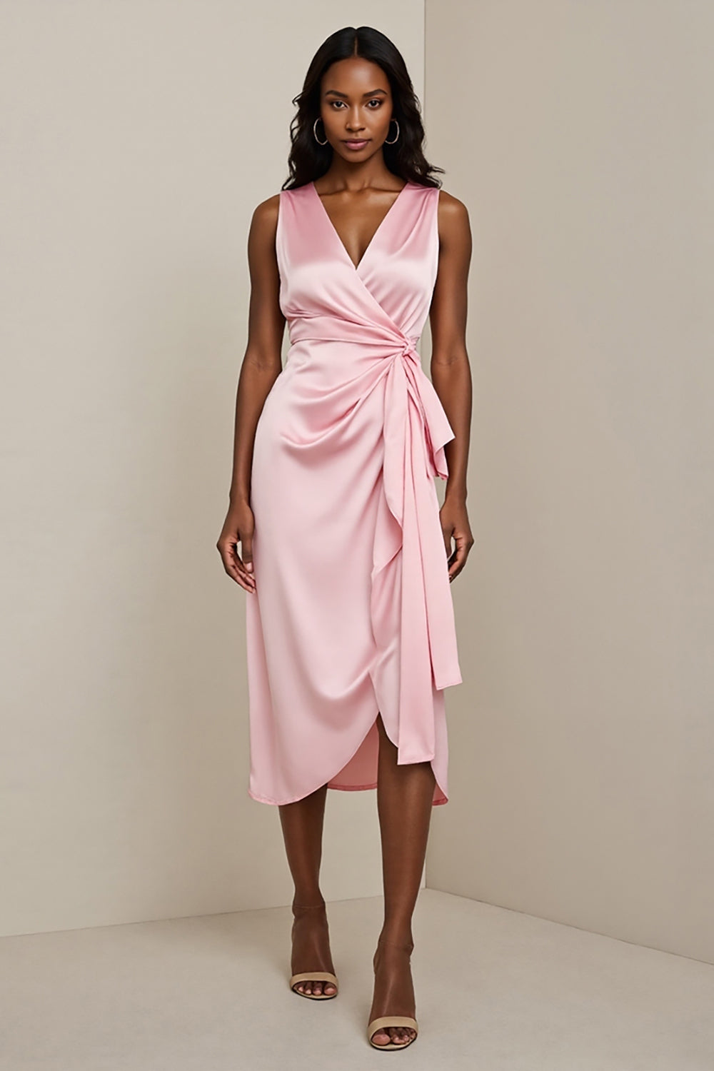 Pink V Neck Sheath Satin Midi Wedding Guest Dress with Sash