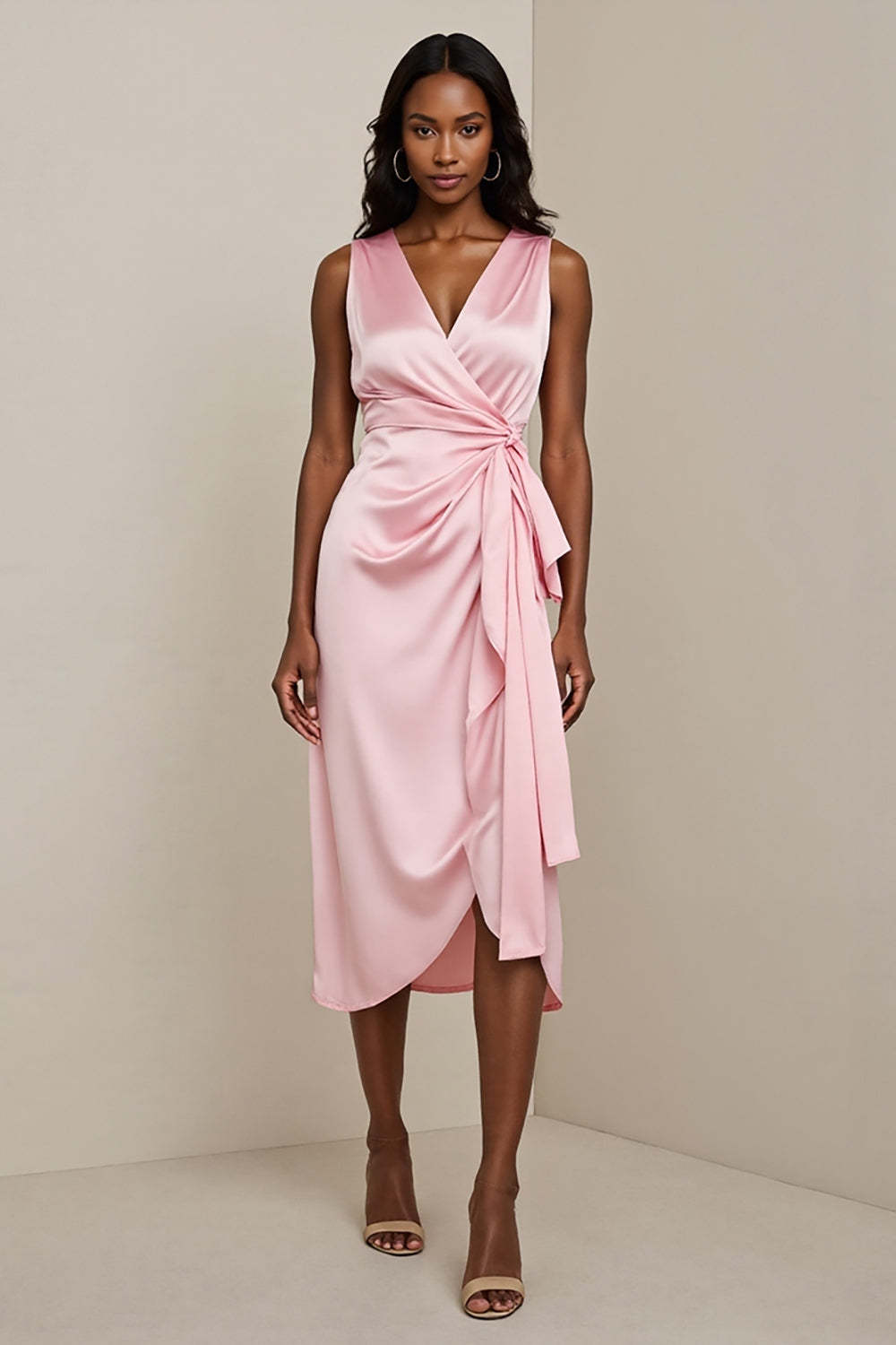 Leely Women Pink Satin Sheath Midi Wedding Guest Dress with Sash V-Neck Semi Formal Dress with Ruffles