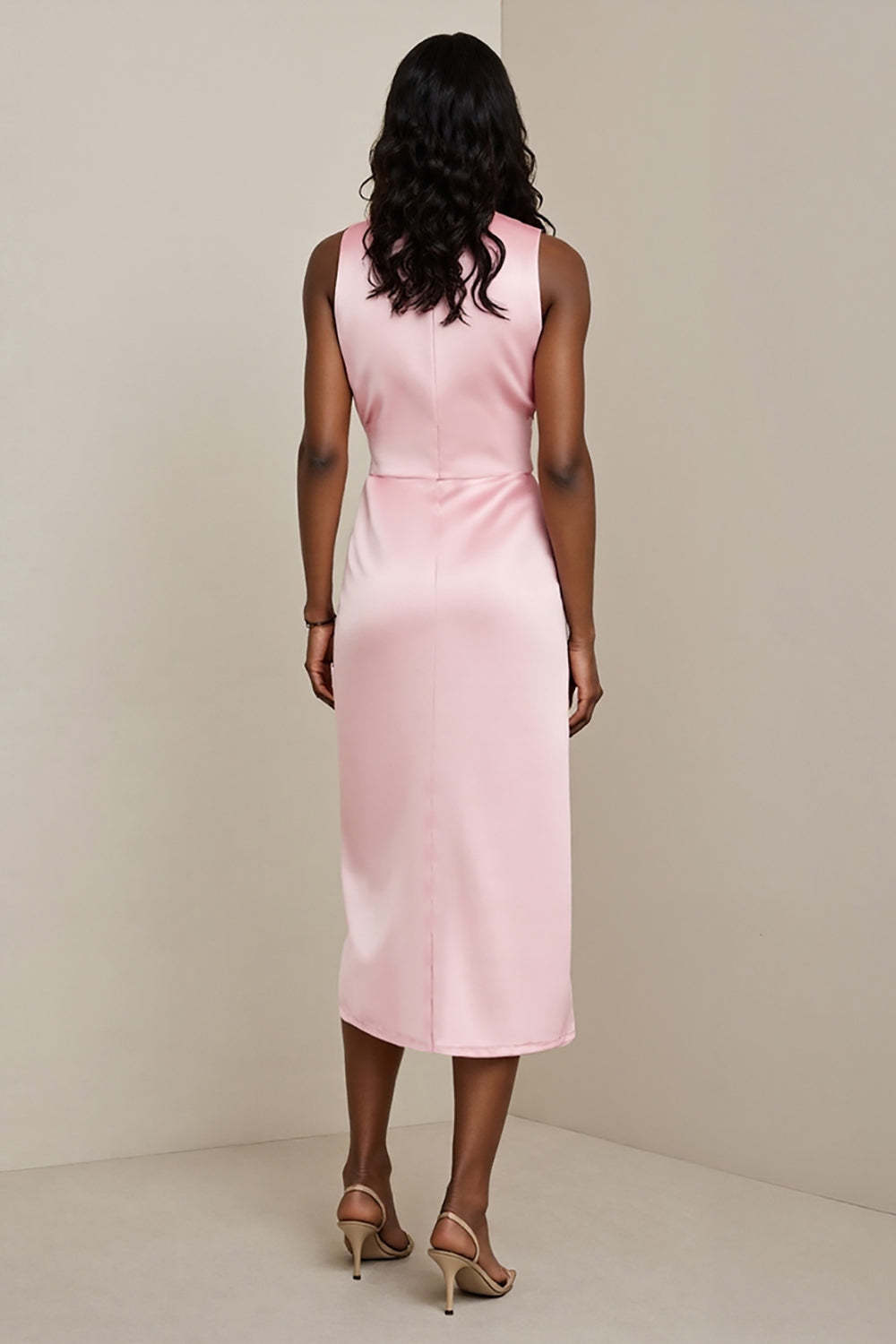 Pink V Neck Sheath Satin Midi Wedding Guest Dress with Sash