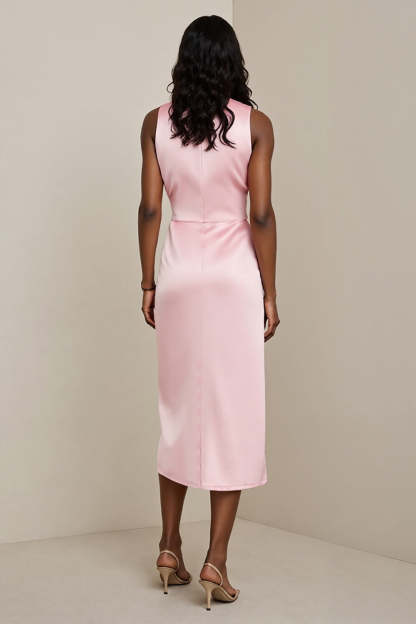 Pink V Neck Sheath Satin Midi Wedding Guest Dress with Sash