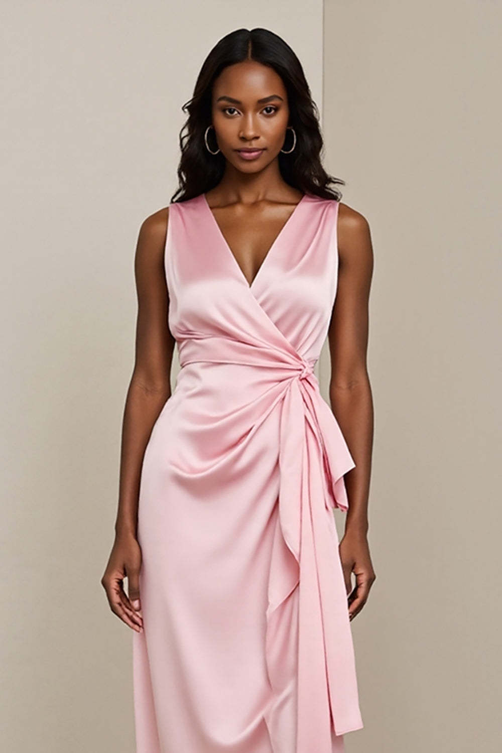 Pink V Neck Sheath Satin Midi Wedding Guest Dress with Sash