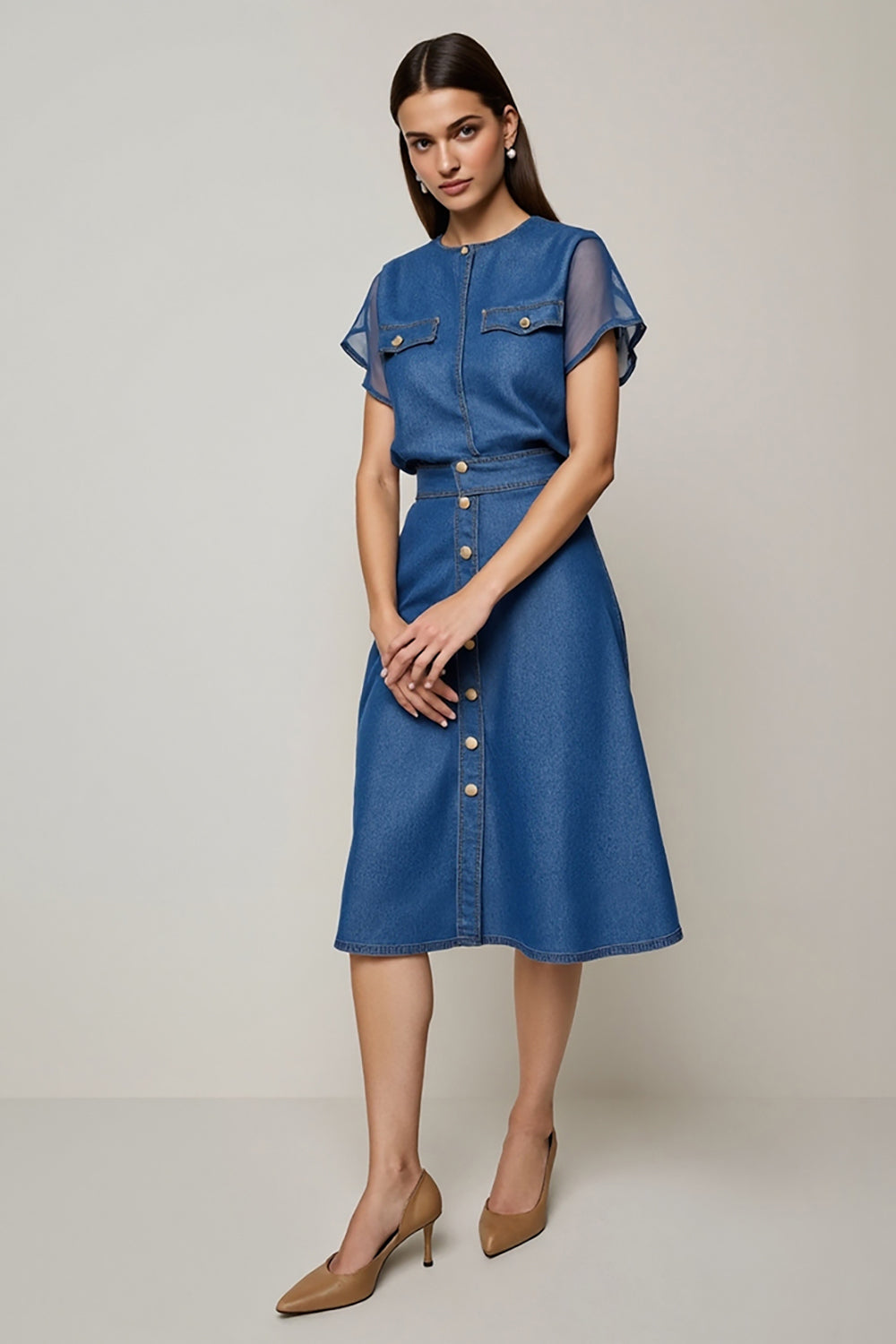 Leely Women Grey Blue Midi Work Dress with Sleeves Round Neck A Line Denim Dress with Buttons