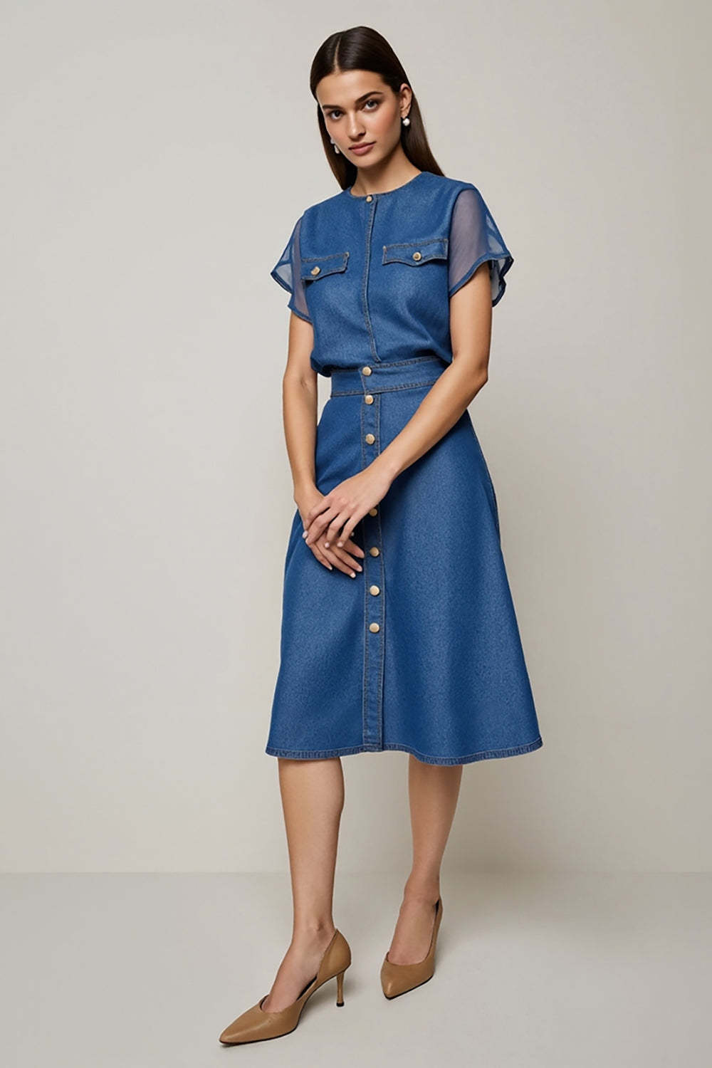 Leely Women Grey Blue Midi Work Dress with Sleeves Round Neck A Line Denim Dress with Buttons