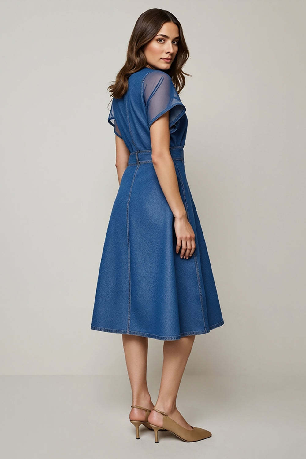 Midi Grey Blue A Line Round Neck Work Dress with Sleeves