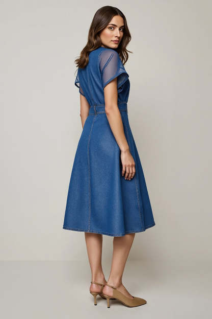 Midi Grey Blue A Line Round Neck Work Dress with Sleeves