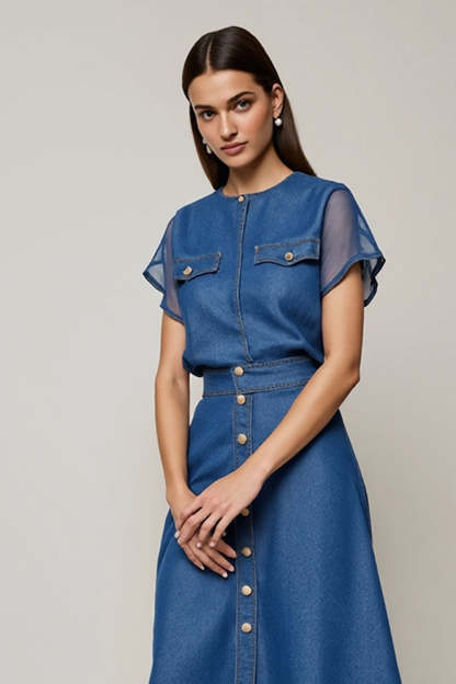 Midi Grey Blue A Line Round Neck Work Dress with Sleeves