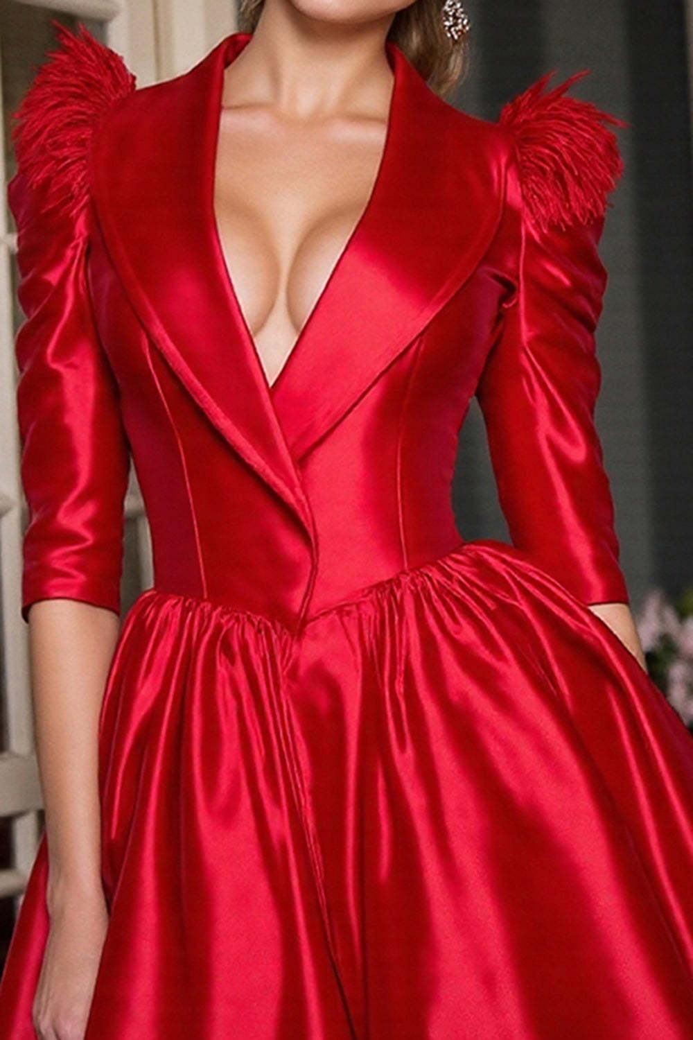 Satin A Line Red Corset Shawl Lapel Short Blazer Dress with Feathers