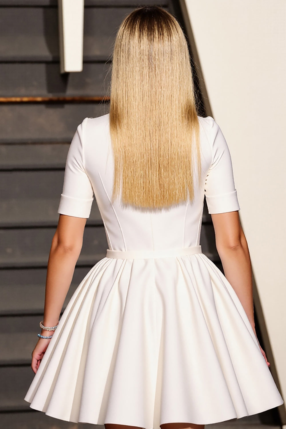 White V-Neck A Line Short Work Dress with Sleeves