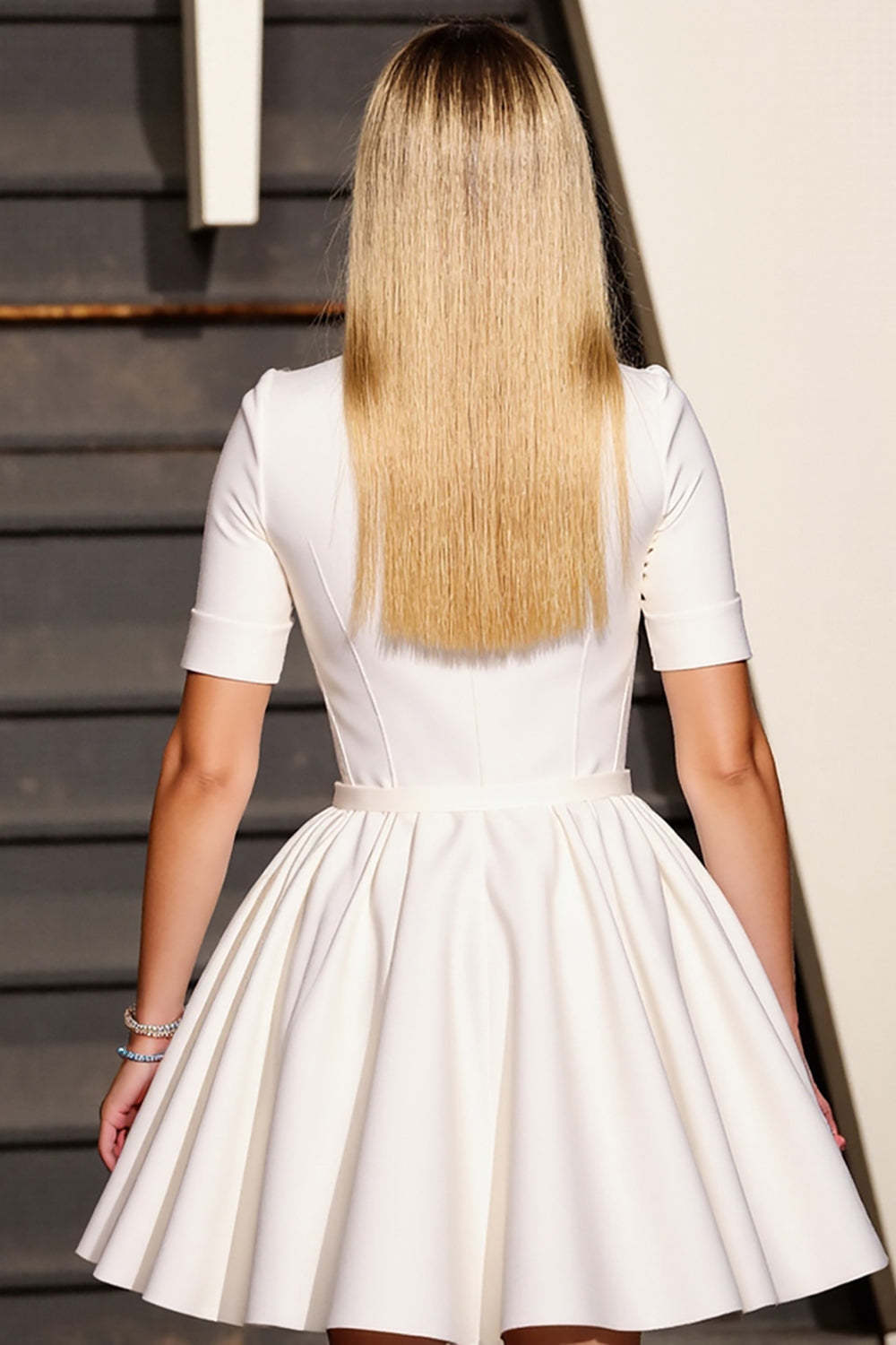 White V-Neck A Line Short Work Dress with Sleeves