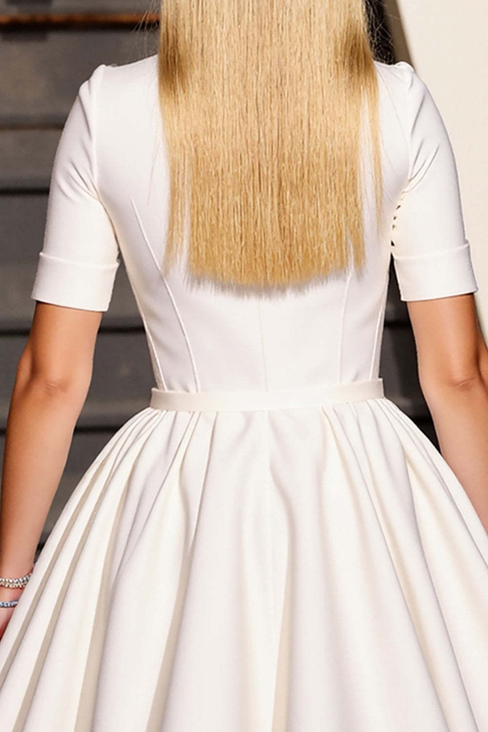 White V-Neck A Line Short Work Dress with Sleeves