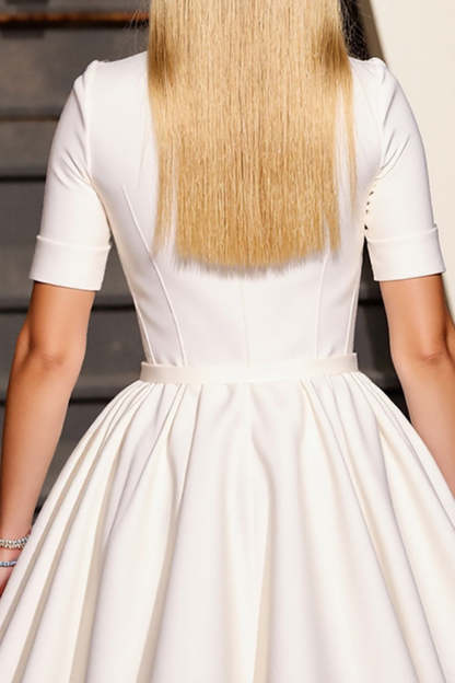 White V-Neck A Line Short Work Dress with Sleeves