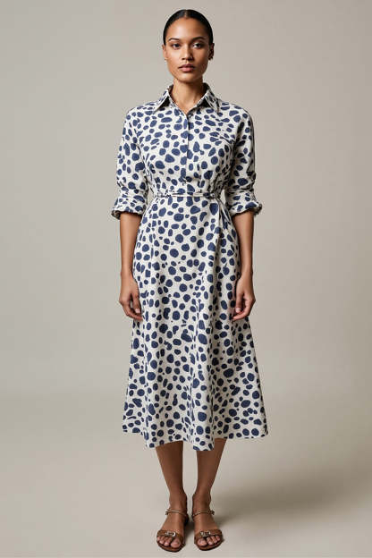 Leely Women White and Blue Leopard Printed Maxi Work Dress A Line Half Sleeves Boho Dress
