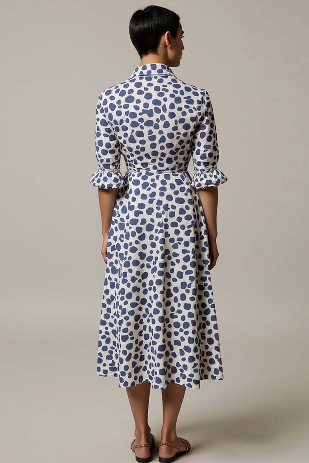 White and Blue Leopard Printed Half Sleeves Maxi A Line Work Dress