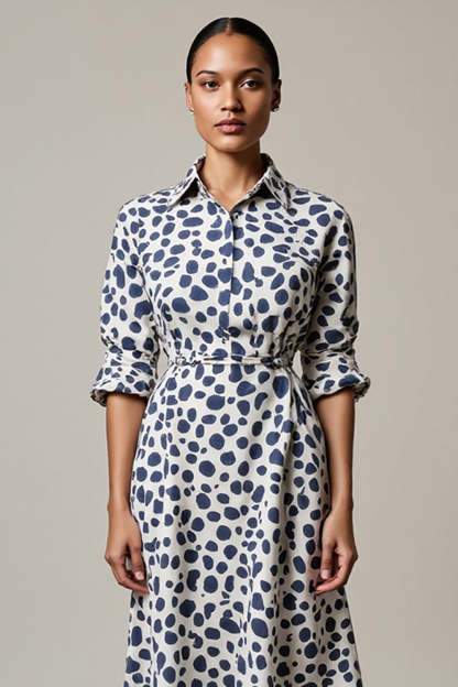 White and Blue Leopard Printed Half Sleeves Maxi A Line Work Dress