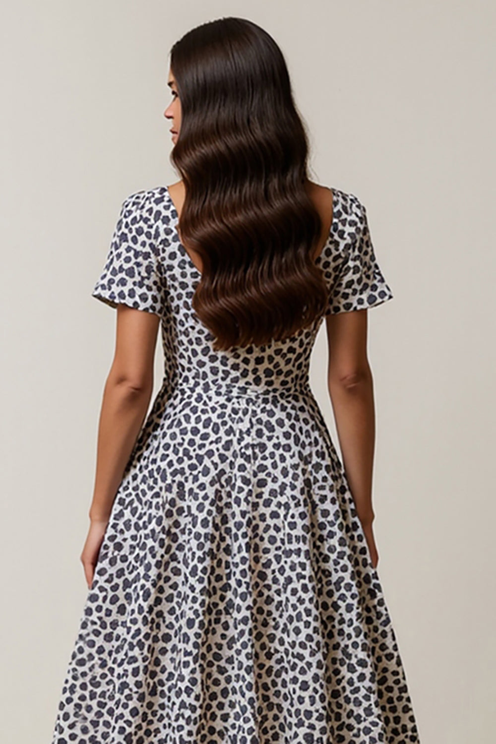 White and Blue Leopard A Line Square Neck Maxi Work Dress with Sleeves