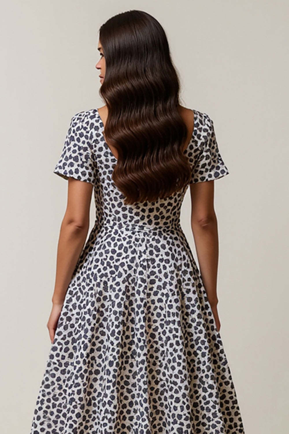 White and Blue Leopard A Line Square Neck Maxi Work Dress with Sleeves