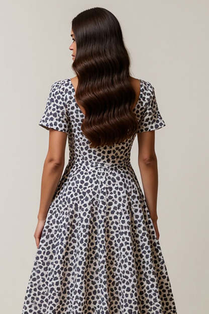 White and Blue Leopard A Line Square Neck Maxi Work Dress with Sleeves