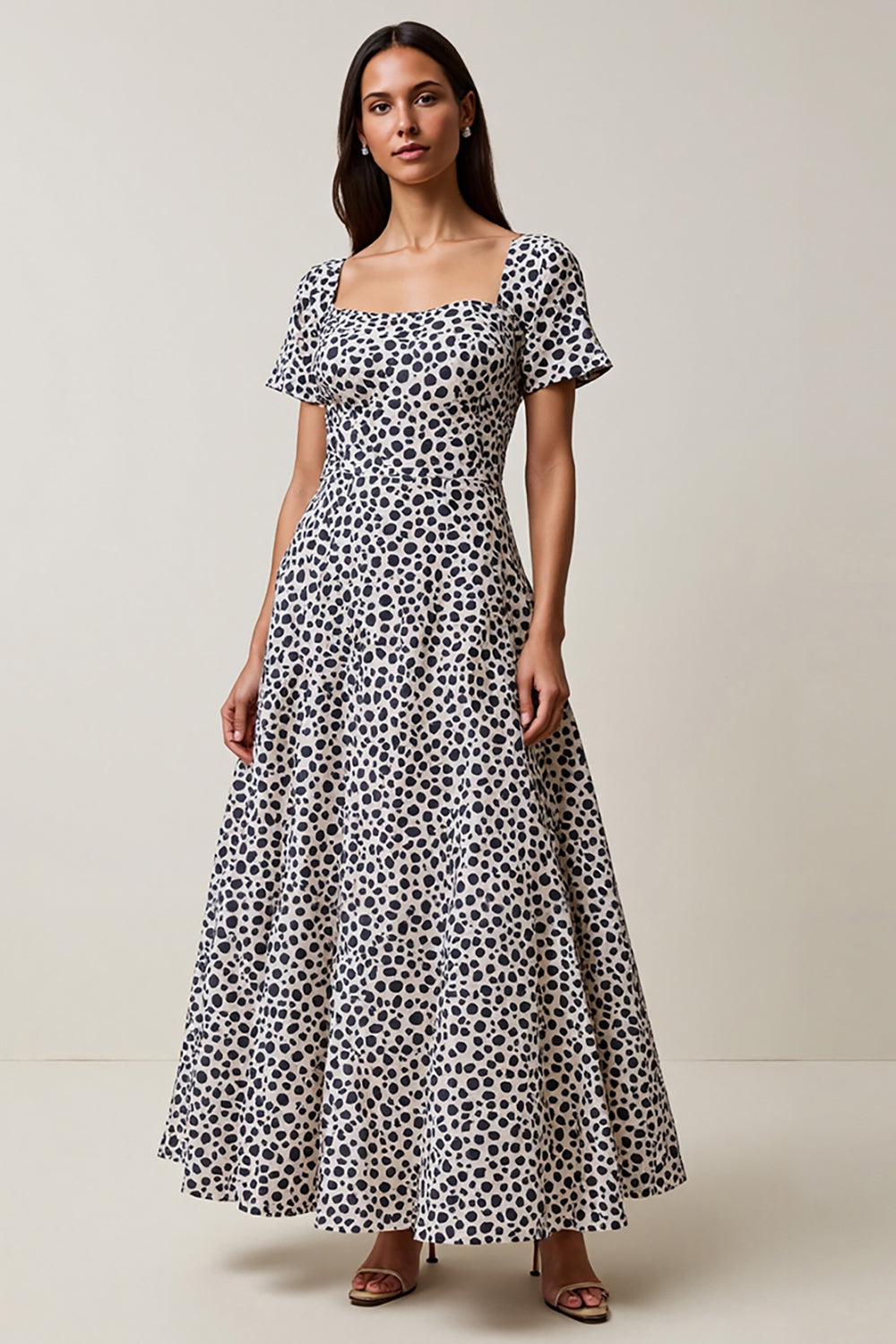 Leely Women White and Blue Leopard Printed Maxi Work Dress Square Neck A Line Boho Dress with Sleeves