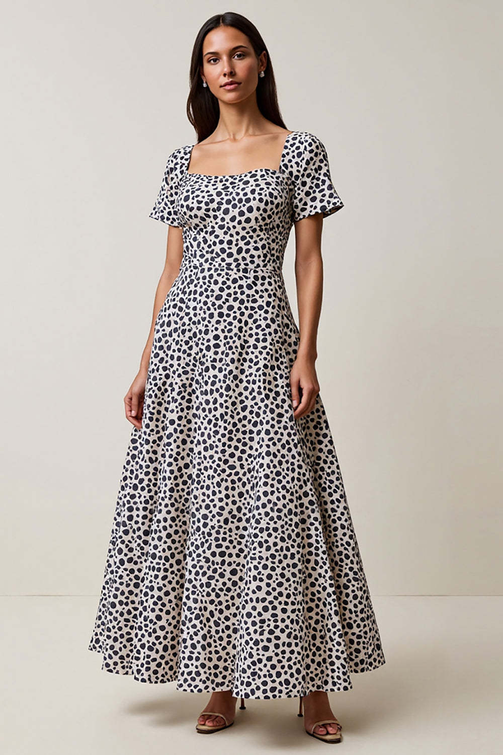 Leely Women White and Blue Leopard Printed Maxi Work Dress Square Neck A Line Boho Dress with Sleeves