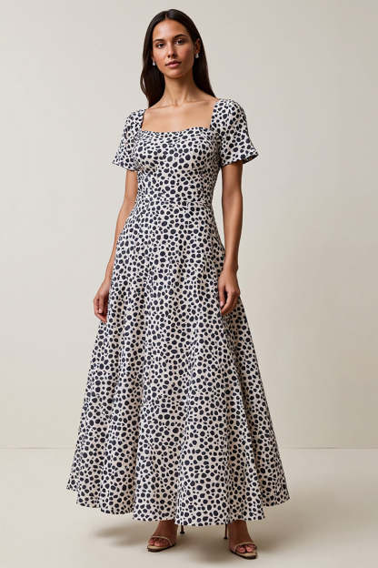 Leely Women White and Blue Leopard Printed Maxi Work Dress Square Neck A Line Boho Dress with Sleeves