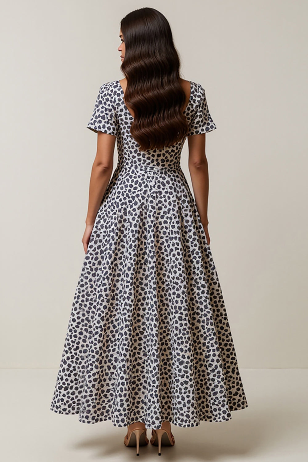 White and Blue Leopard A Line Square Neck Maxi Work Dress with Sleeves