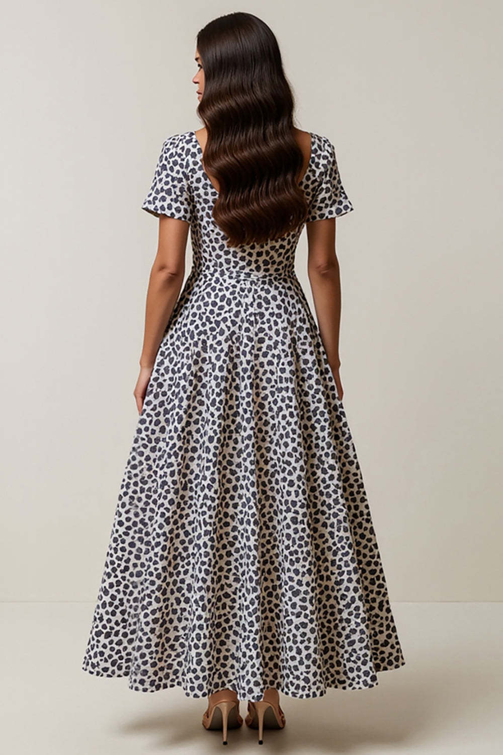 White and Blue Leopard A Line Square Neck Maxi Work Dress with Sleeves