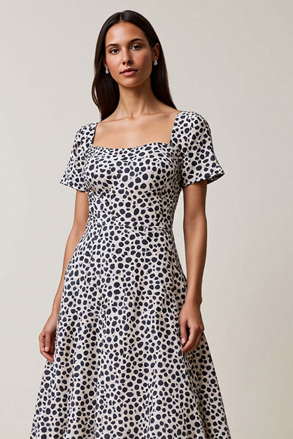 White and Blue Leopard A Line Square Neck Maxi Work Dress with Sleeves