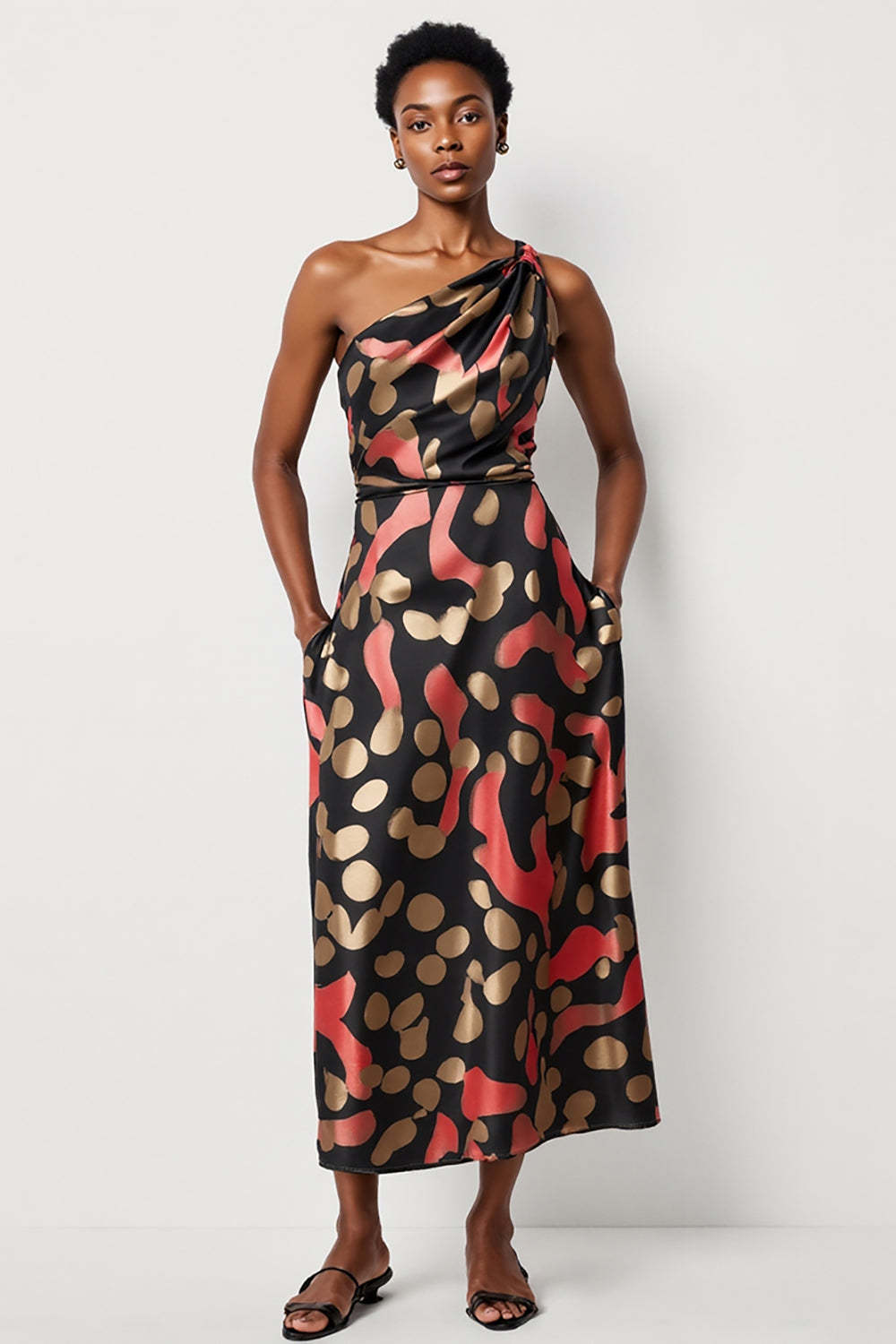 Leely Women Black Printed Maxi Work Dress with Pockets One Shoulder A Line Casual Dress