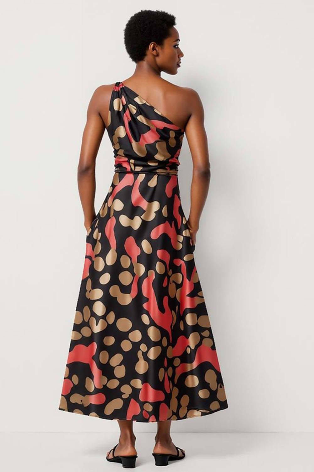 Black Printed One Shoulder A Line Maxi Work Dress with Pockets