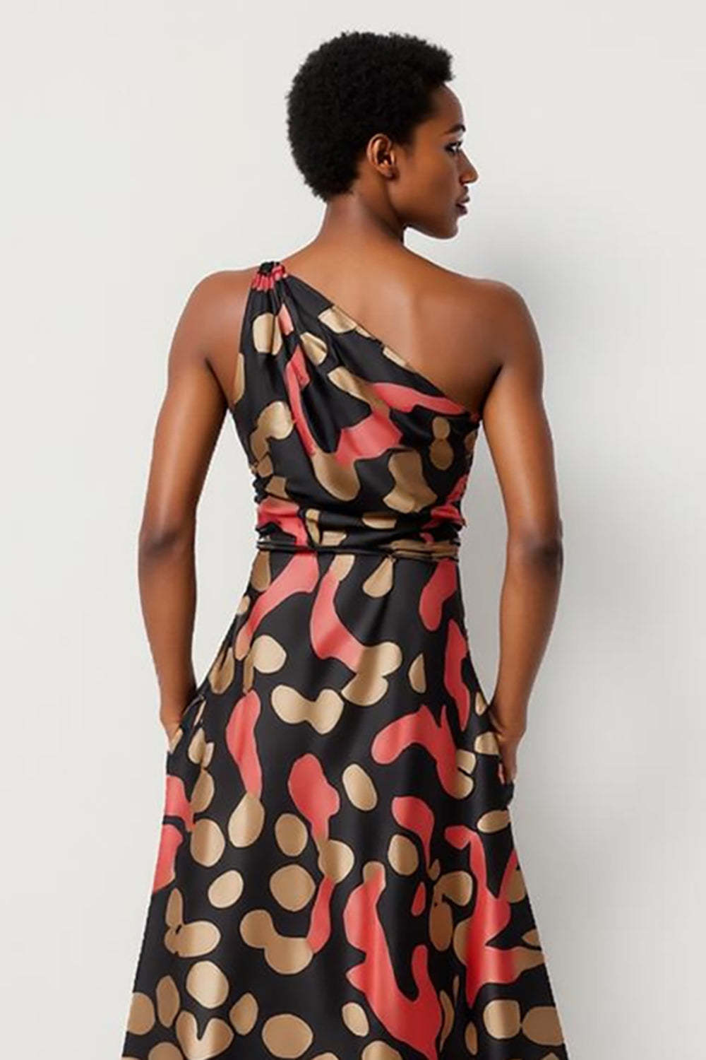Black Printed One Shoulder A Line Maxi Work Dress with Pockets