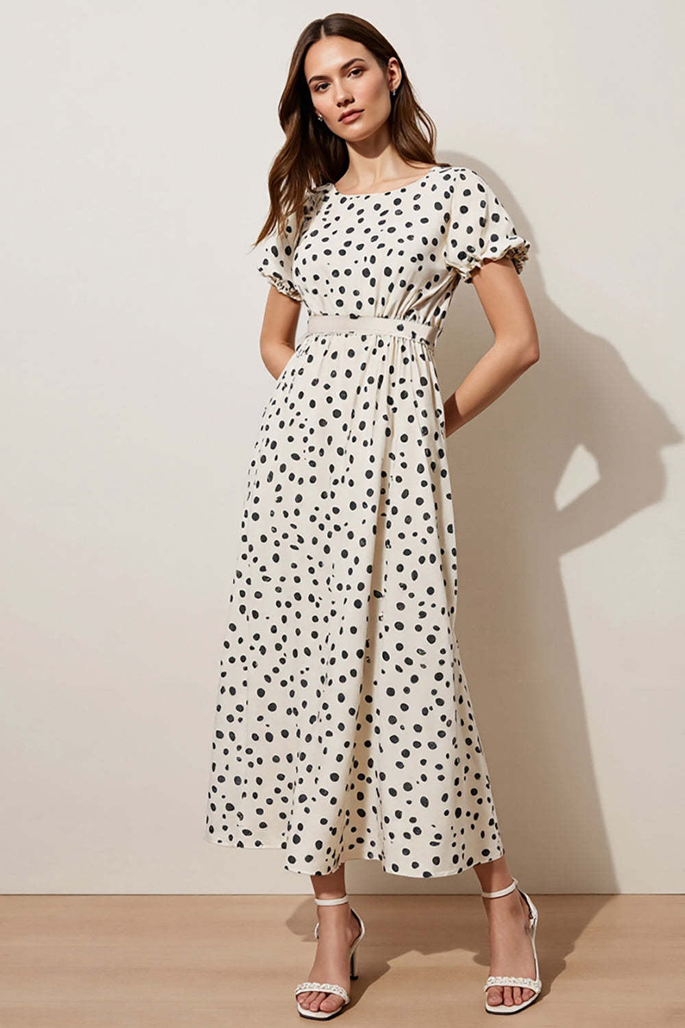 Leely Women Black and White Polka Dots Dress Short Sleeves A Line Boat Neck Boho Work Dress