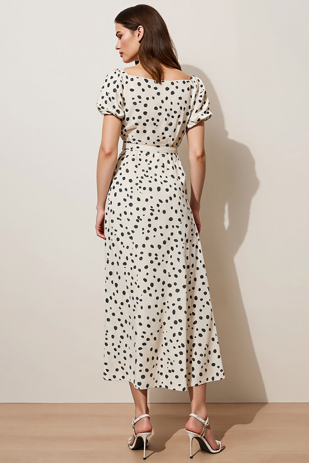 Black and White Polka Dots Boat Neck A Line Maxi Work Dress with Sleeves