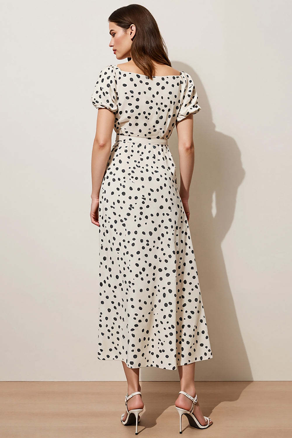 Black and White Polka Dots Boat Neck A Line Maxi Work Dress with Sleeves