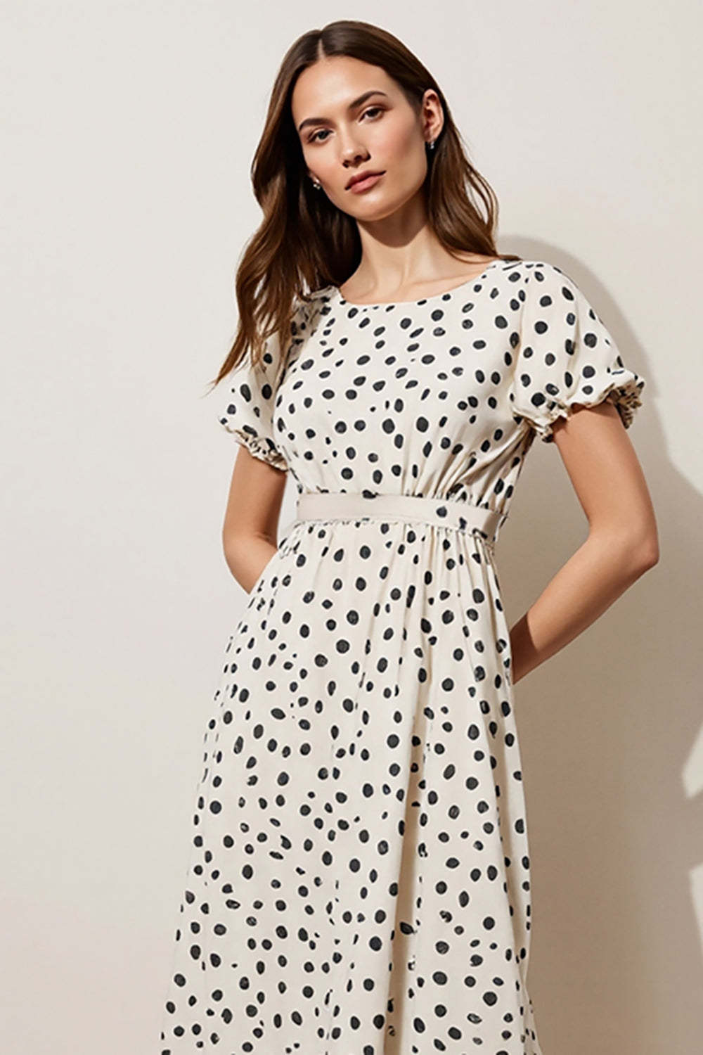 Black and White Polka Dots Boat Neck A Line Maxi Work Dress with Sleeves